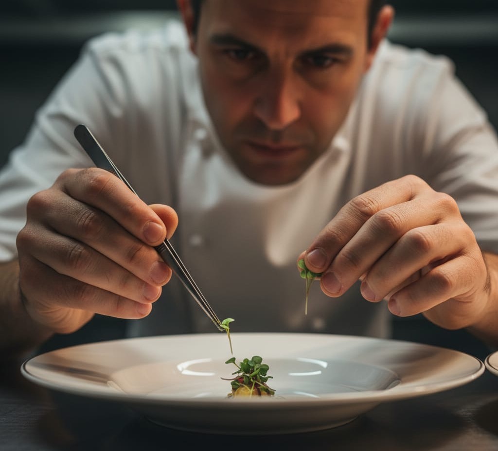 Chef preparing herbs at the pass