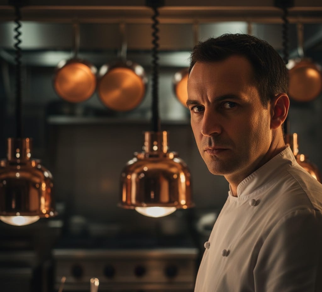 Chef Julien Dubois at the pass, evening service