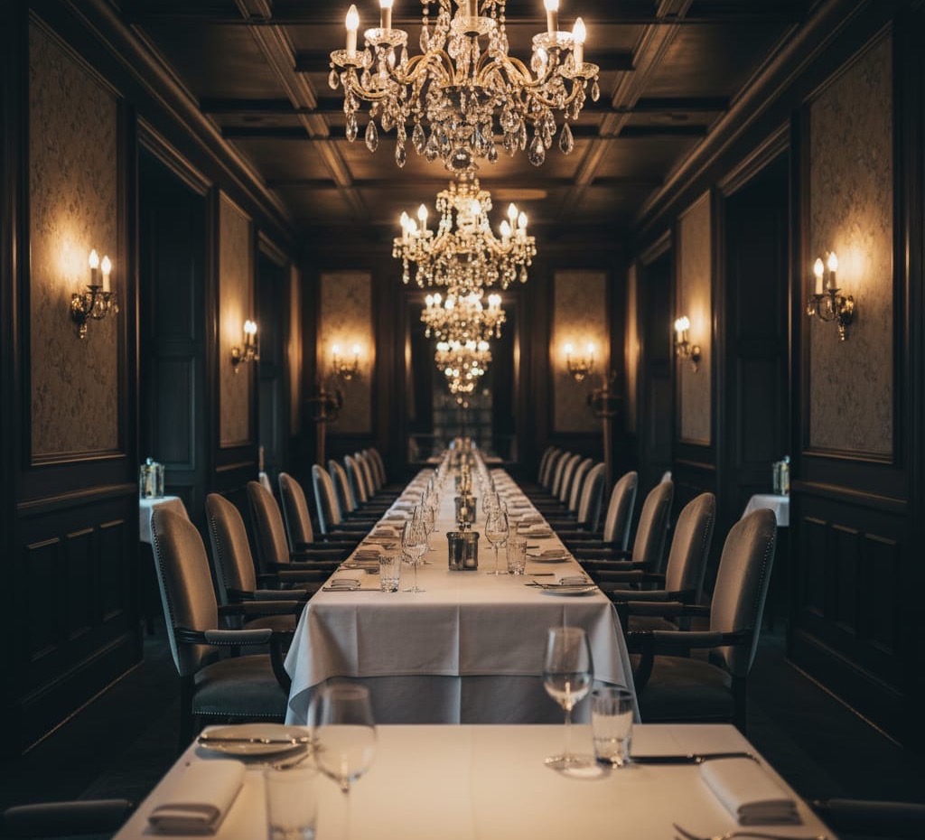 Elegant dining room with crystal chandeliers