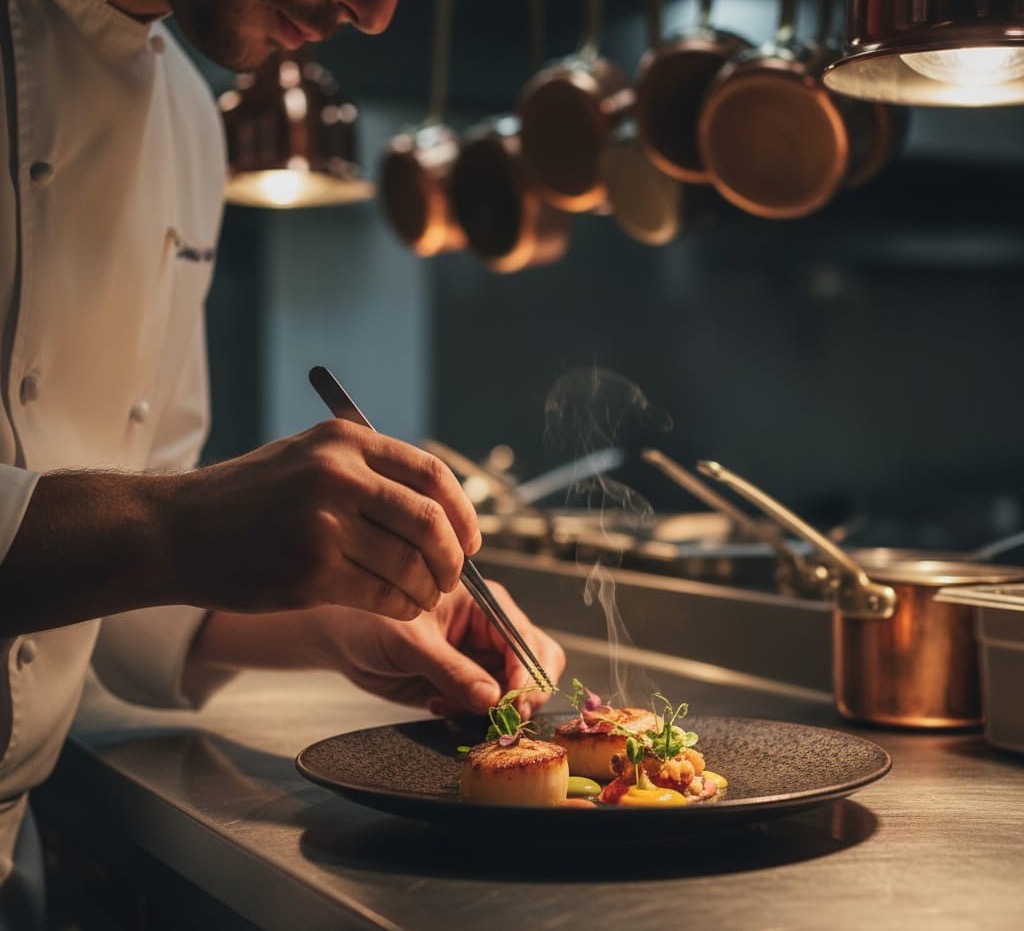 Chef plating exquisite dish