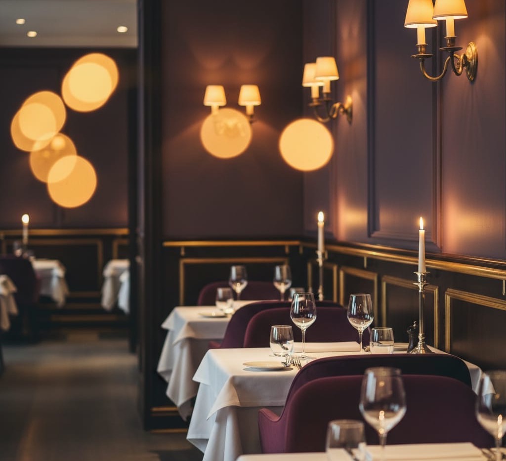 Cinematic interior detail of La Verité dining room