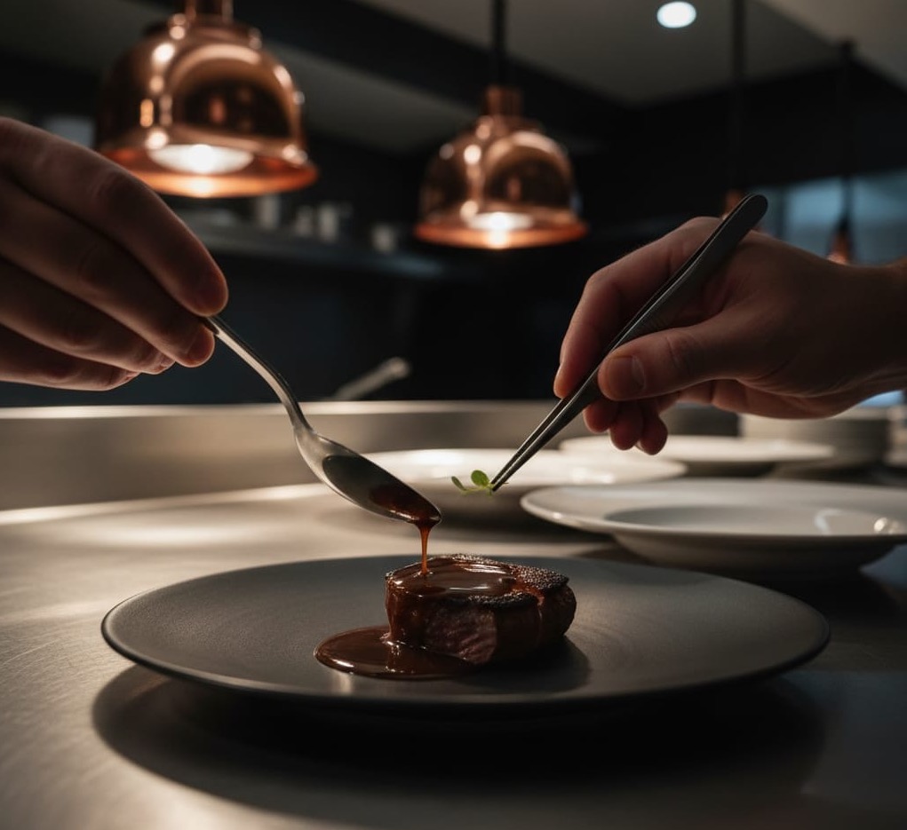 Finishing a plate at the pass