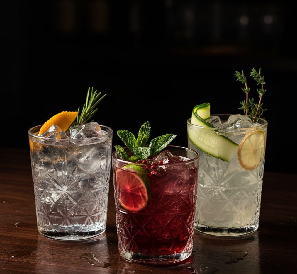 Pairings - artisanal beverages in cut glass with herbs