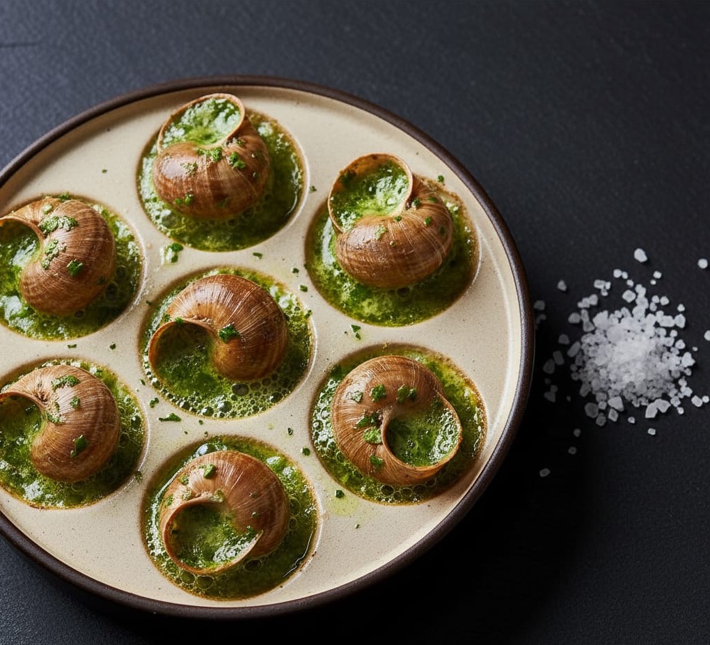 Escargot de Bourgogne - garlic butter glaze, traditional ceramic dish presentation