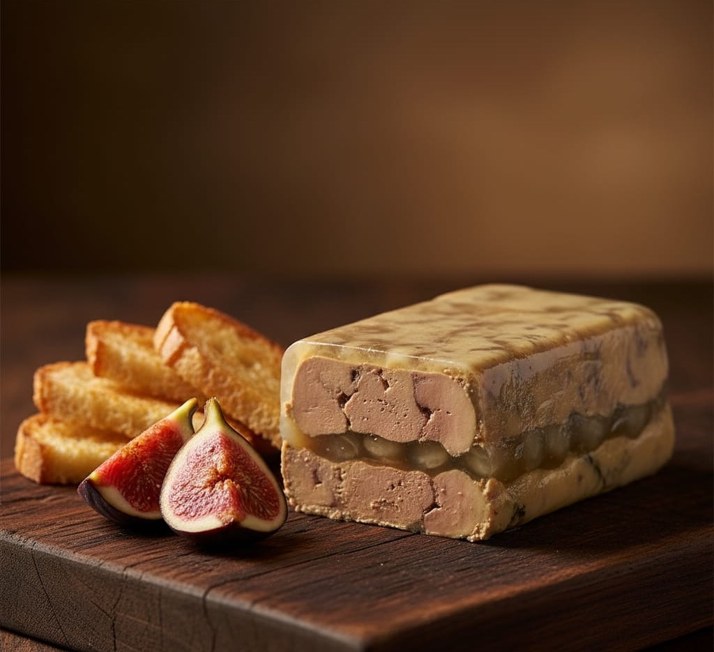 Foie Gras Terrine - knife cuts, terrine texture, warm lighting